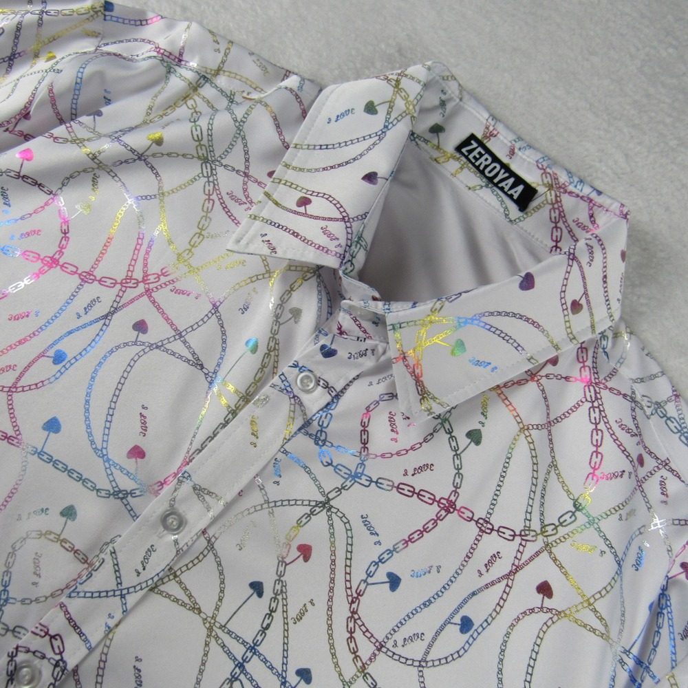 ZEROYAA Button Down Shirt Mens XL White Excellent Rainbow Metallic Chain Heart